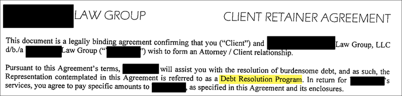 Client Retainer Agreement Clause in Debt Settlemetn Co Agreement
