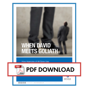 Cover image for PDF report called, When David Meets Goliath with photo of a miniature businessman looking up at a huge businessman [Image by creator insideARM from ]